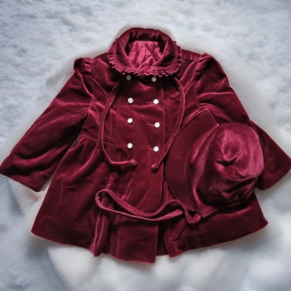 Cute Togs Other - Vintage Cute Togs Burgundy Velvet Toddler Coat & Bonnet Set Double Breasted 2pc